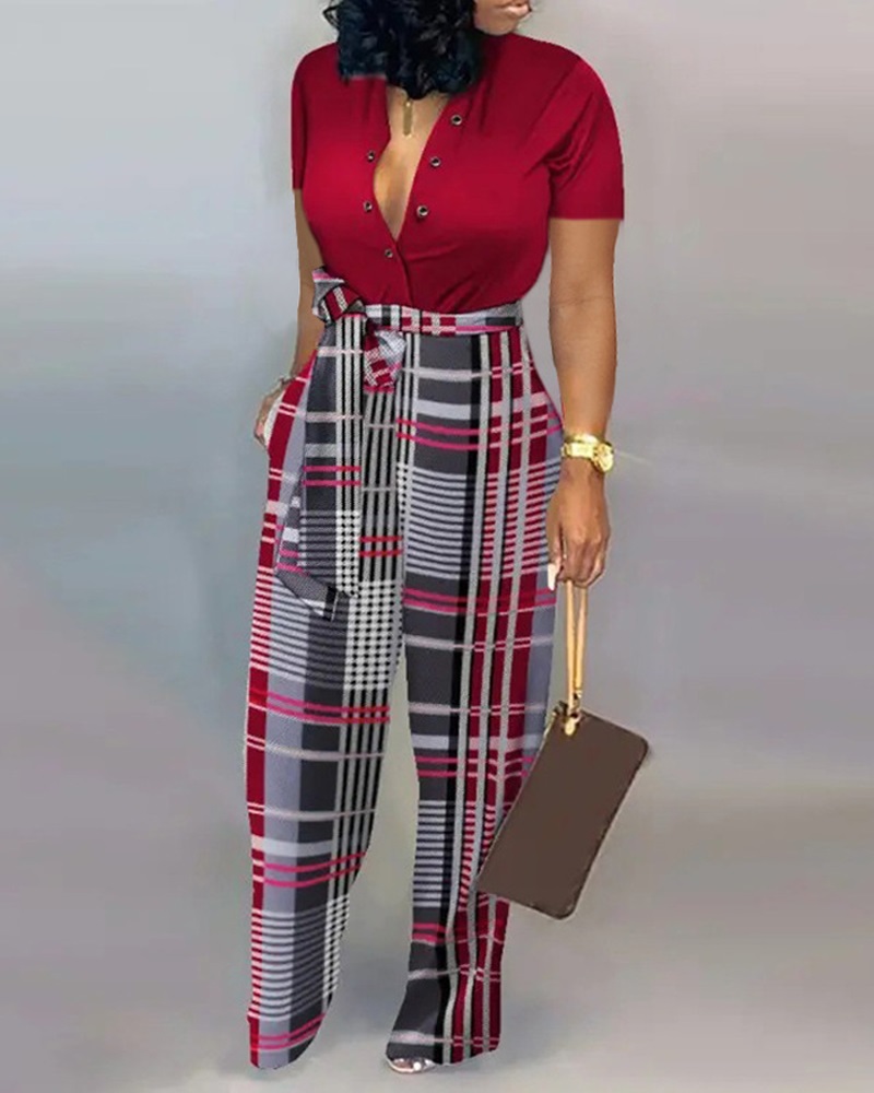 

Plaid Print Tied Detail Wide Leg Jumpsuit, Red