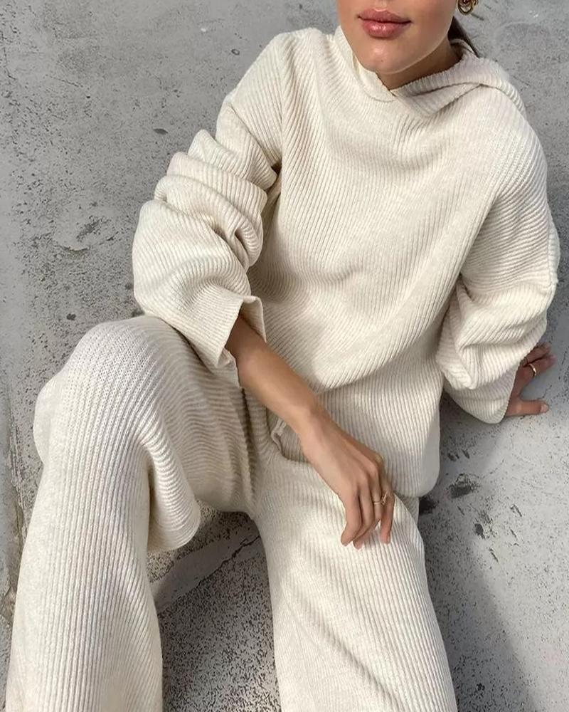 

Long Sleeve Ribbed Hooded Top & Drawstring Pants Set, White