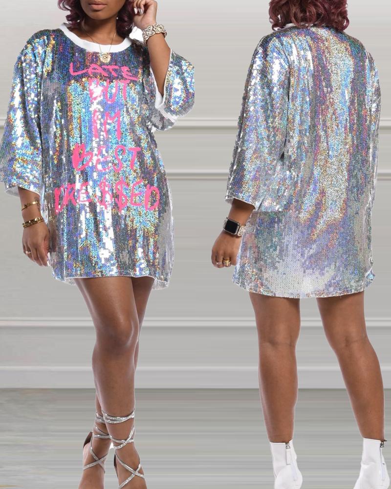 

Letter Pattern Allover Sequin Dress, Silver