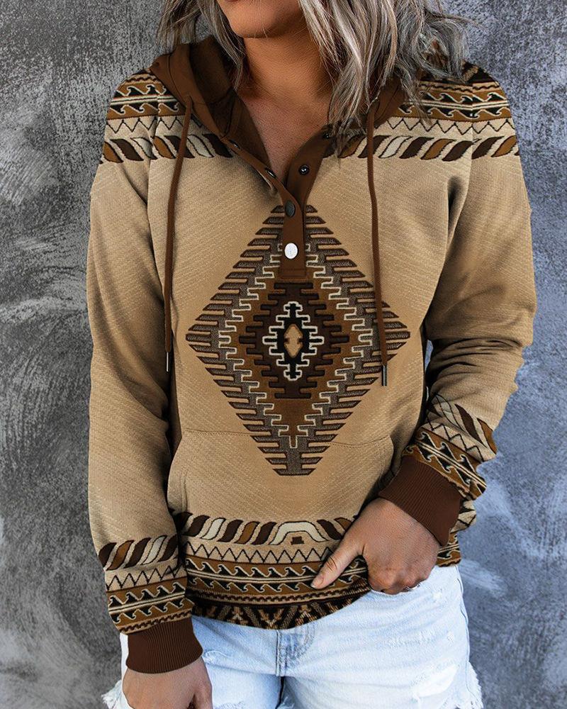 

Aztec Geometric Print Long Sleeve Hooded Sweatshirt, Coffee