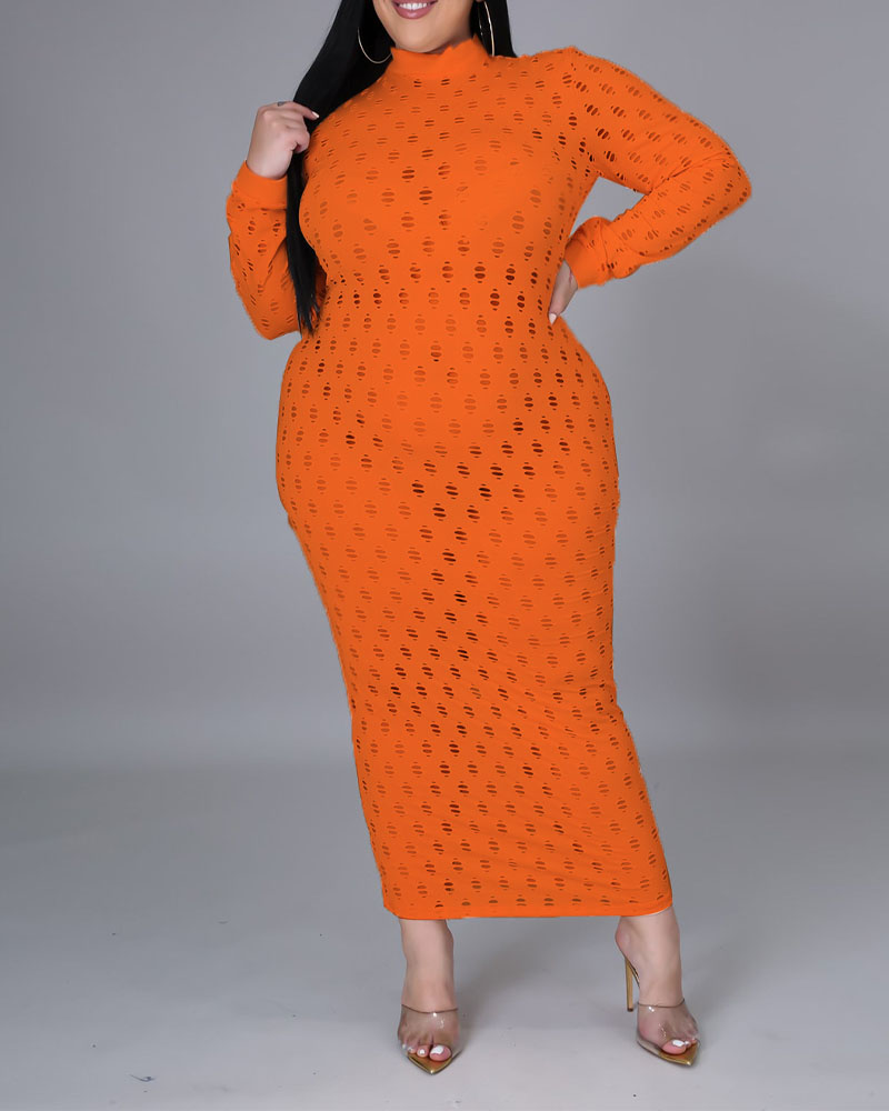 

Plus Size Long Sleeve Hollow Out Bodycon Dress, Orange