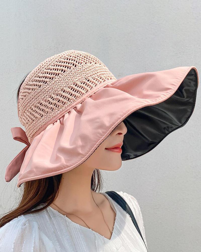

Ruched Wide Brim Bowknot Sun Visor Hat, Pink
