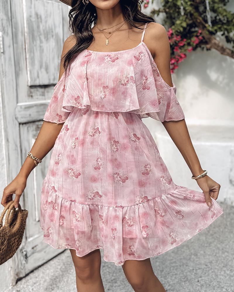 

Glitter Lurex Floral Print Cold Shoulder Spaghetti Strap Ruffles Layered Dress Sweet Dress, Pink