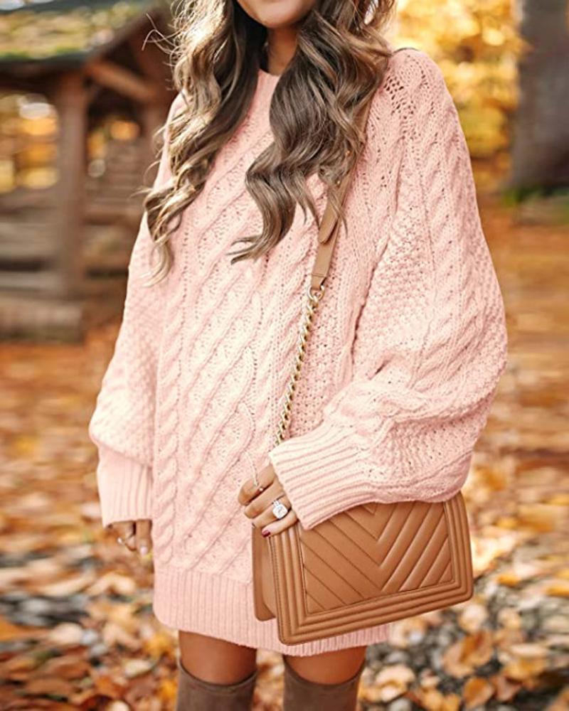 

Lantern Sleeve Cable Knit Sweater Dress, Pink