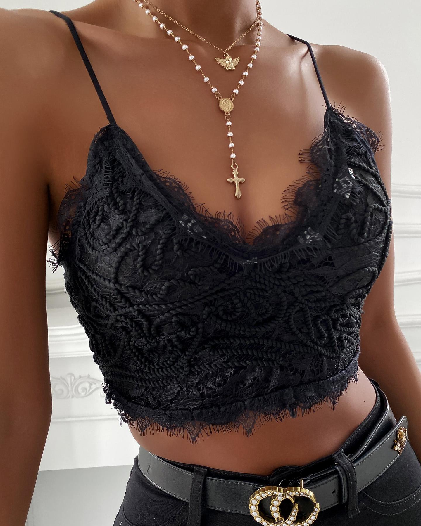 

Spaghetti Strap Eyelash Lace Top, Black