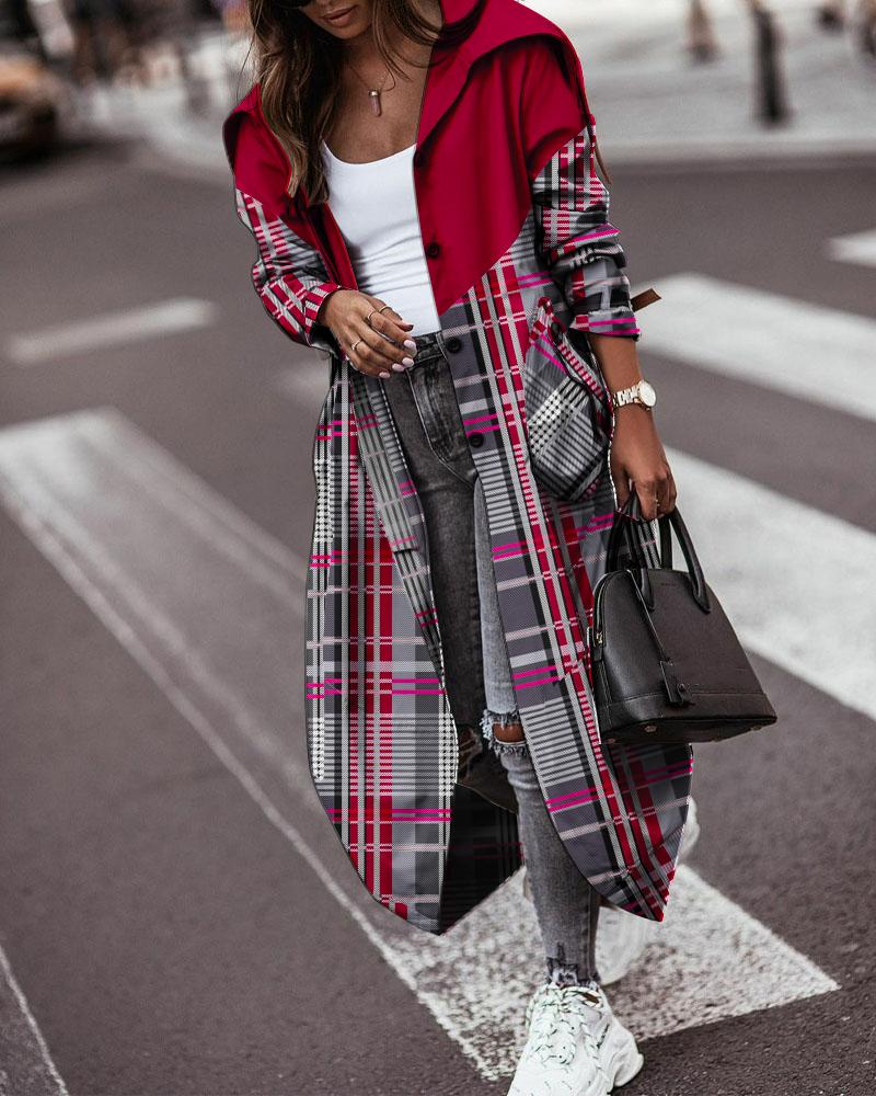 

Plaid Print Button Front Longline Coat, Red