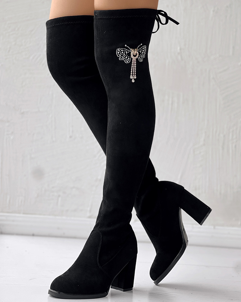 

Rhinestone Butterfly Tassel Tied Detail Over-knee Long Boots, Black