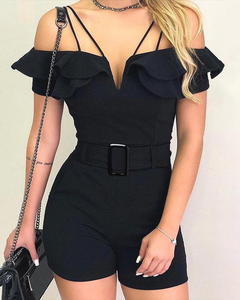 

Layered Ruffles Cold Shoulder Belted Romper, Black