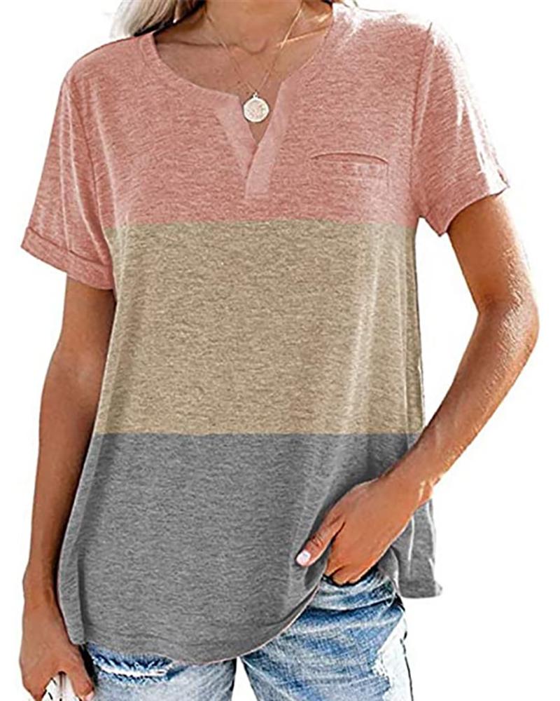 

Striped Colorblock Short Sleeve Casual T-shirt, Pink