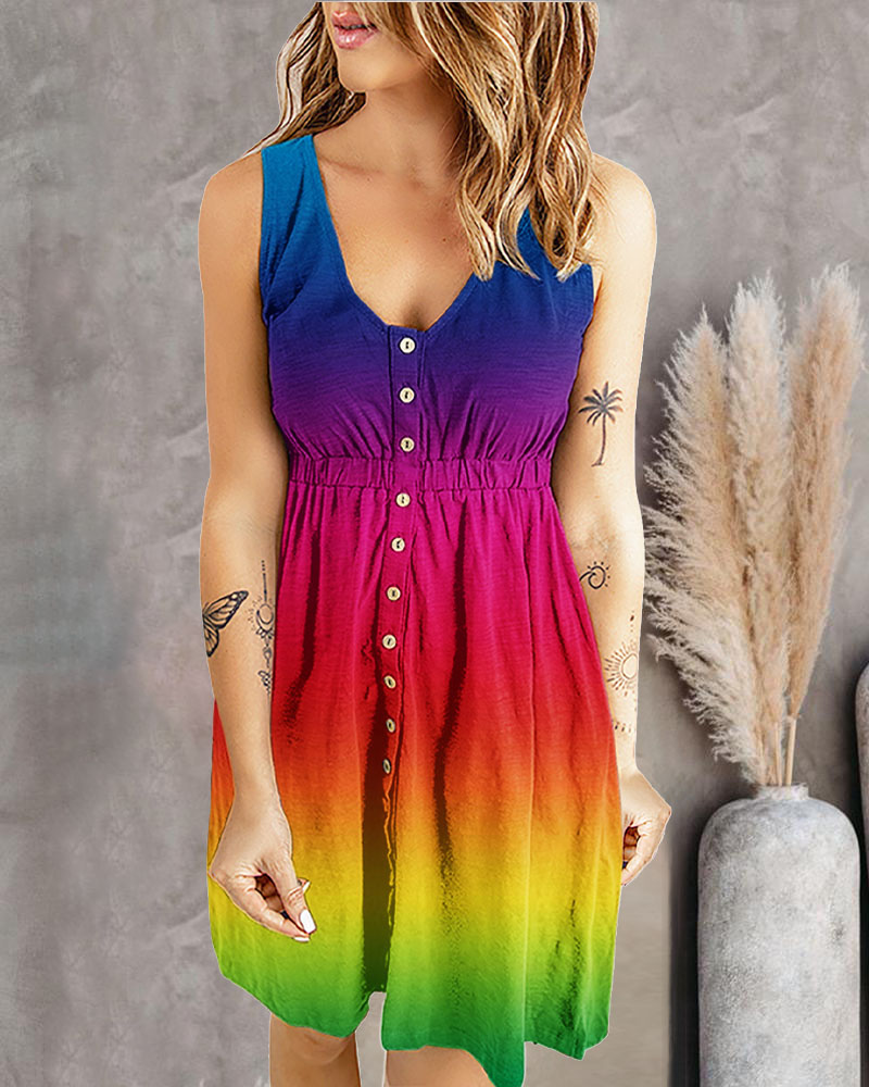 

Ombre Button Front Sleeveless Casual Dress, Multicolor