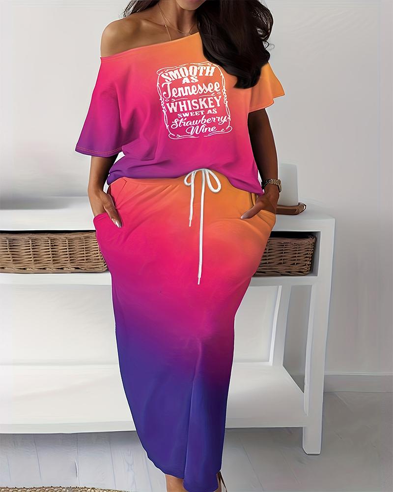 

Plus Size Ombre Smooth As Tennessee Whiskey Sweet As Strawberry Wine Print Top & Drawstring Skirt Set, Multicolor