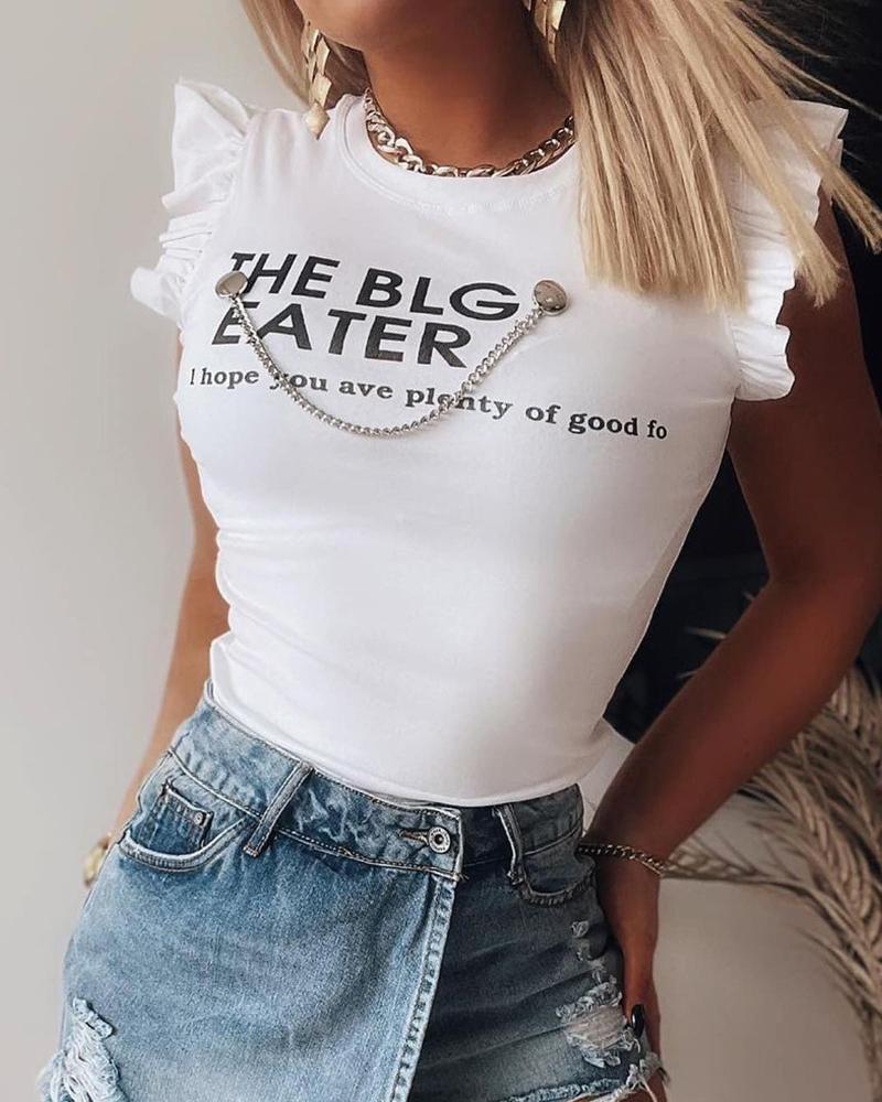 

Ruffles Letter Print Chain Strap Decor T-shirt, White