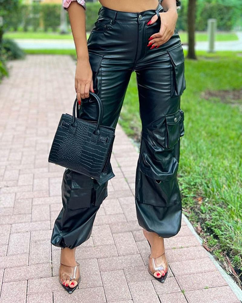 

Pocket Design PU Leather Cuffed Cargo Pants, Black