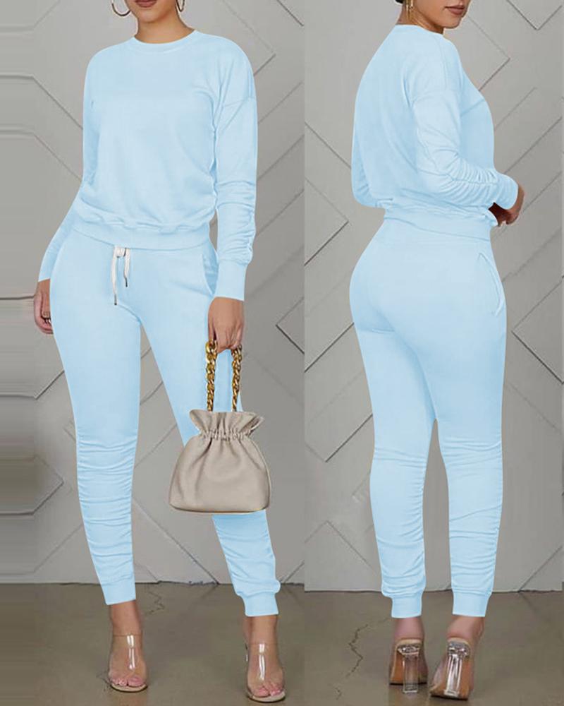 

Long Sleeve Women Top & Pocket Design Drawstring Pants set, Light blue