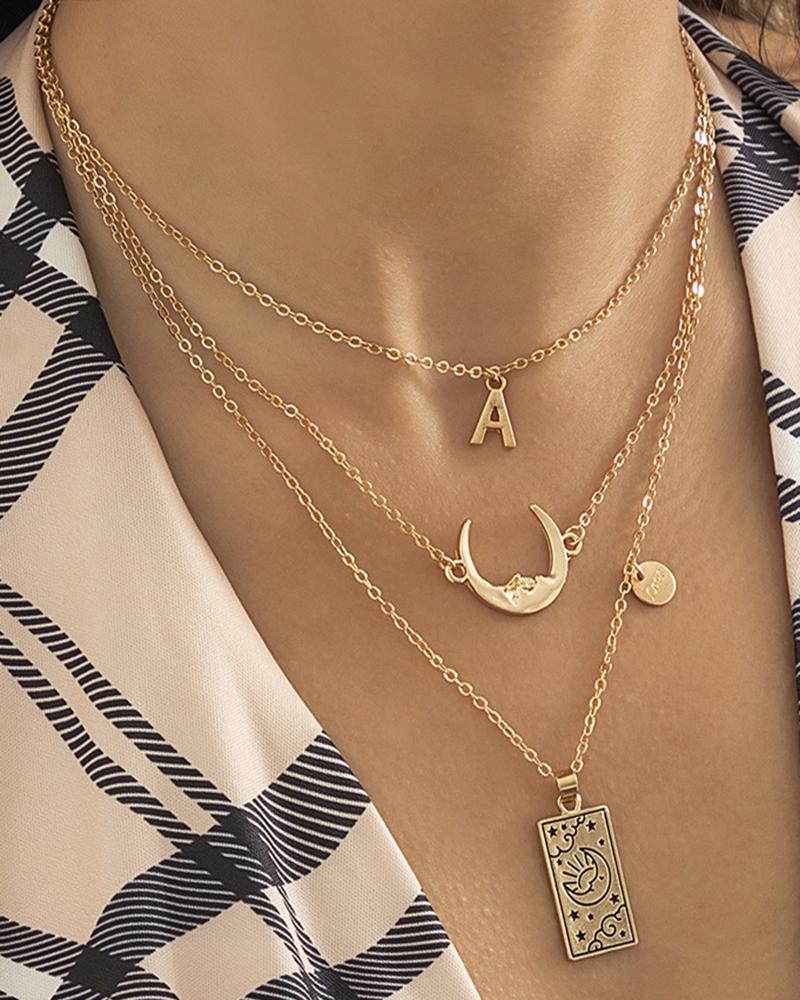 

3pcs Letter Moon Coin Pendant Necklace Set, Gold