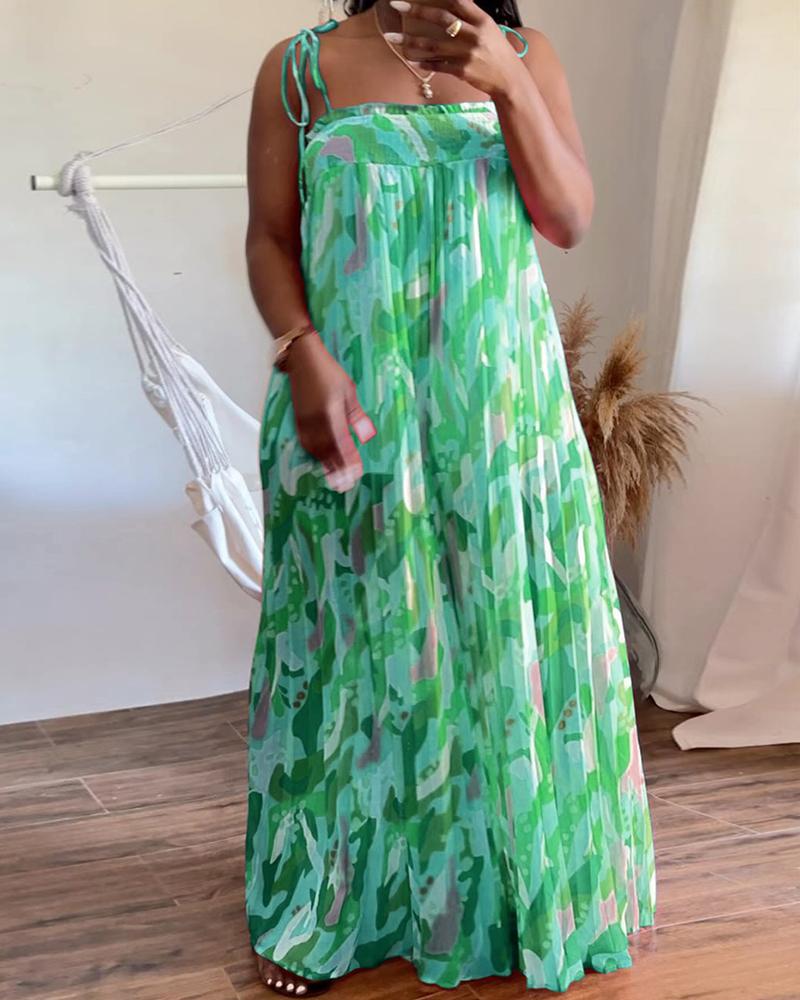 

Plus Size All Over Print Shirred Wide Leg Jumpsuit, Green