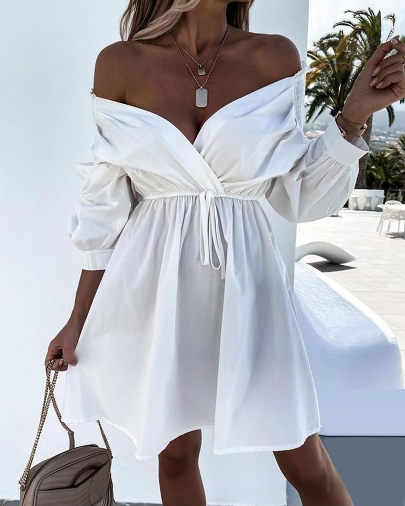 

Shirred Tie Front Off Shoulder Ruched Shirt Dress, White