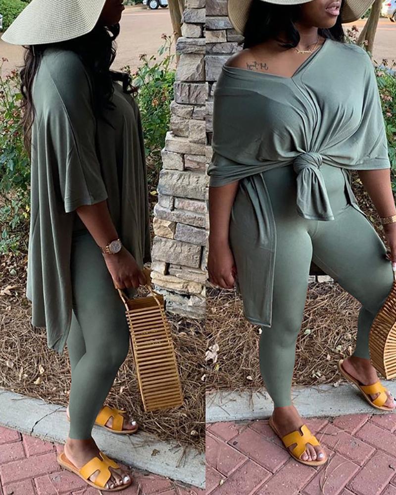

Solid Casual Crop Women Top & Pants Set, Green