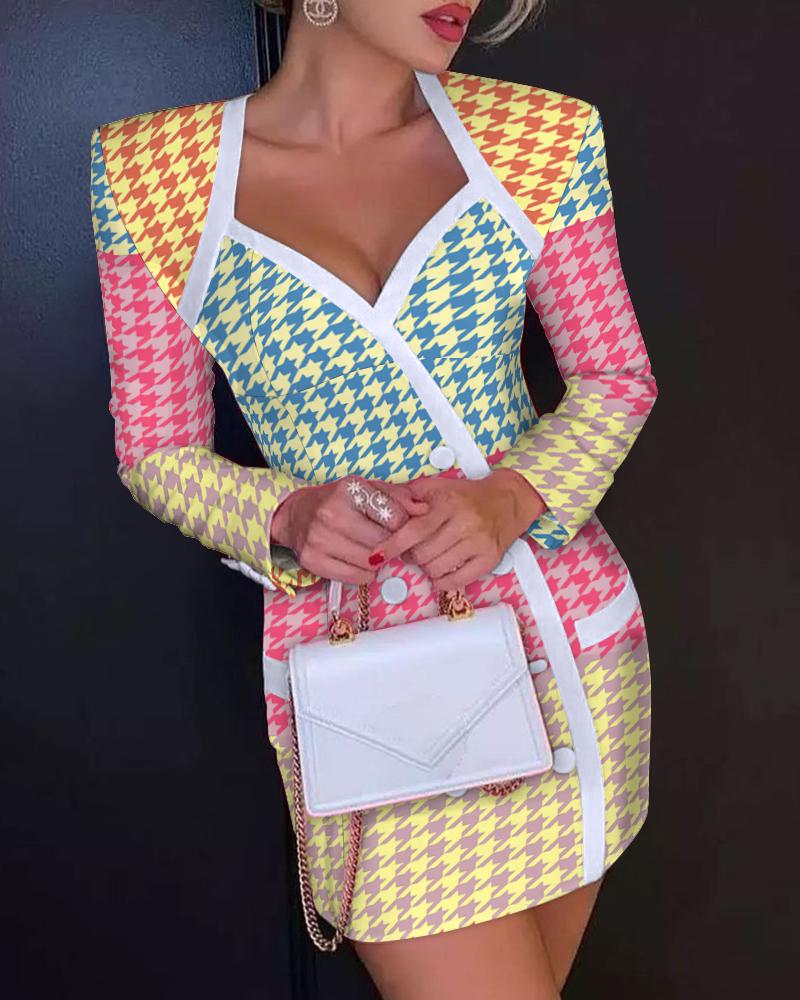 

Colorful Houndstooth Button Decor Padded Shoulder Blazer Dress, Multicolor