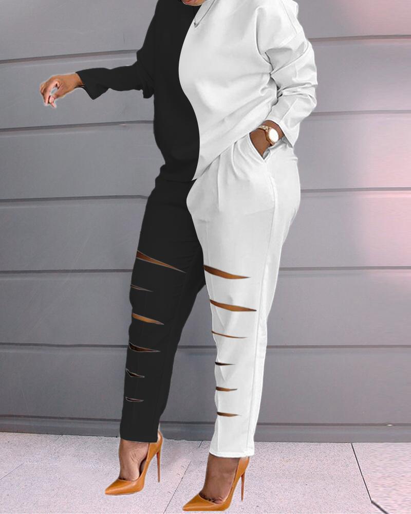 

Plus Size Colorblock Long Sleeve Top & Cutout Pants Set, Blackwhite