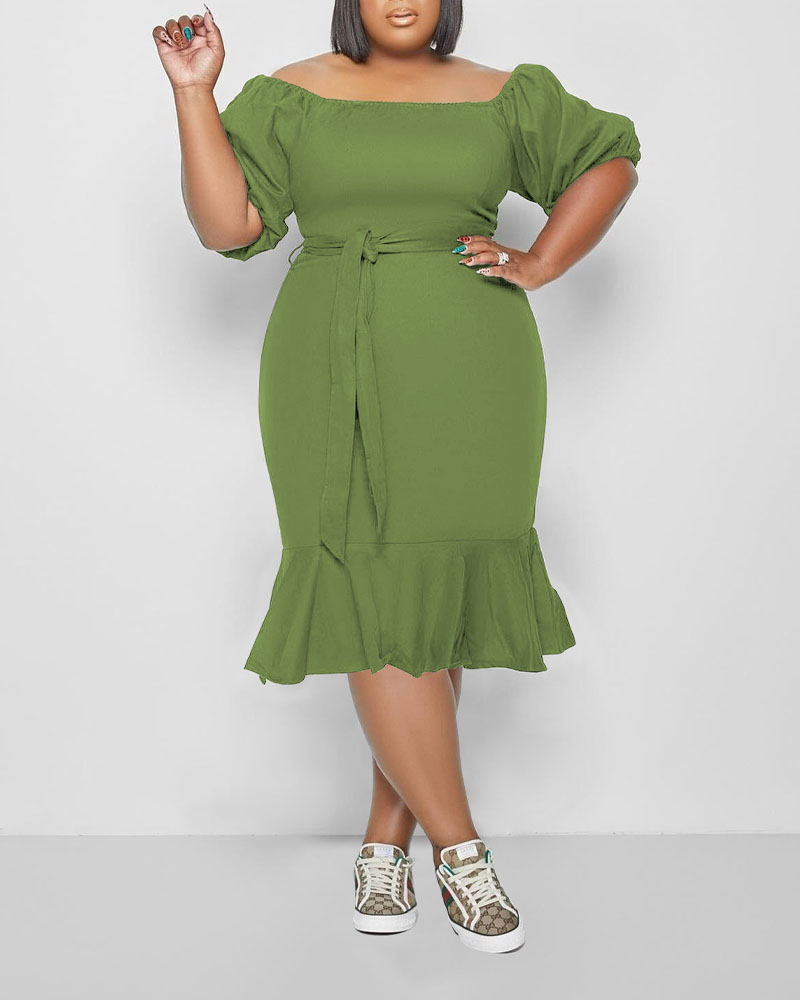 

Plus Size Puff Sleeve Belted Mermaid Dress, Green