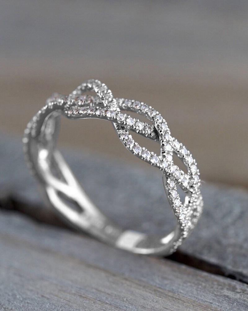 

1pc Braided Pattern Cutout Rhinestone Ring, Silver