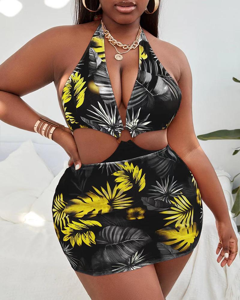 

2PCS Plus Size Tropical Print One Piece Swimsuit With Cover Up, Yellow