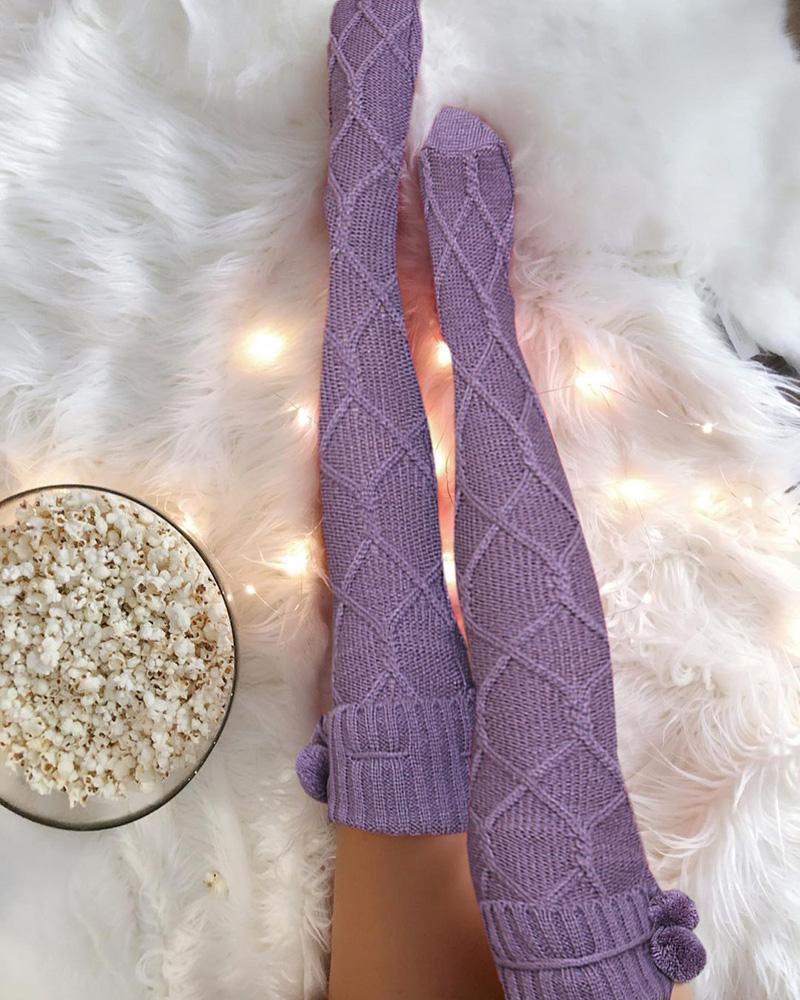 

1Pair Pom Pom Braided Knee Length Socks, Purple