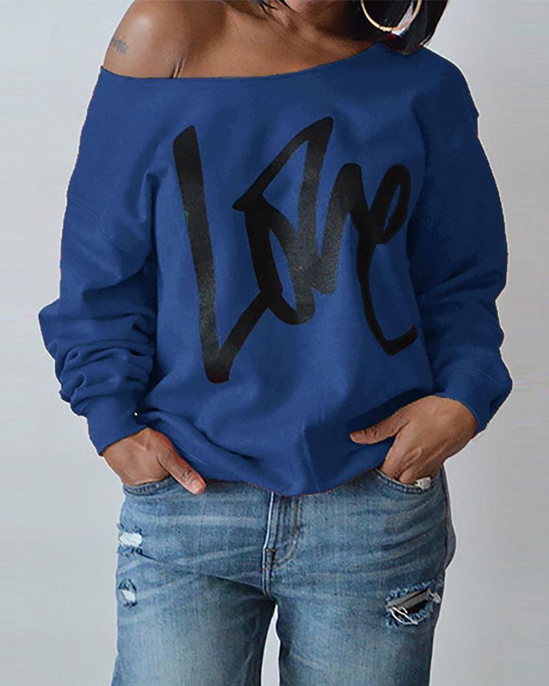 

Letter Print Long Sleeve Sweatshirt, Blue