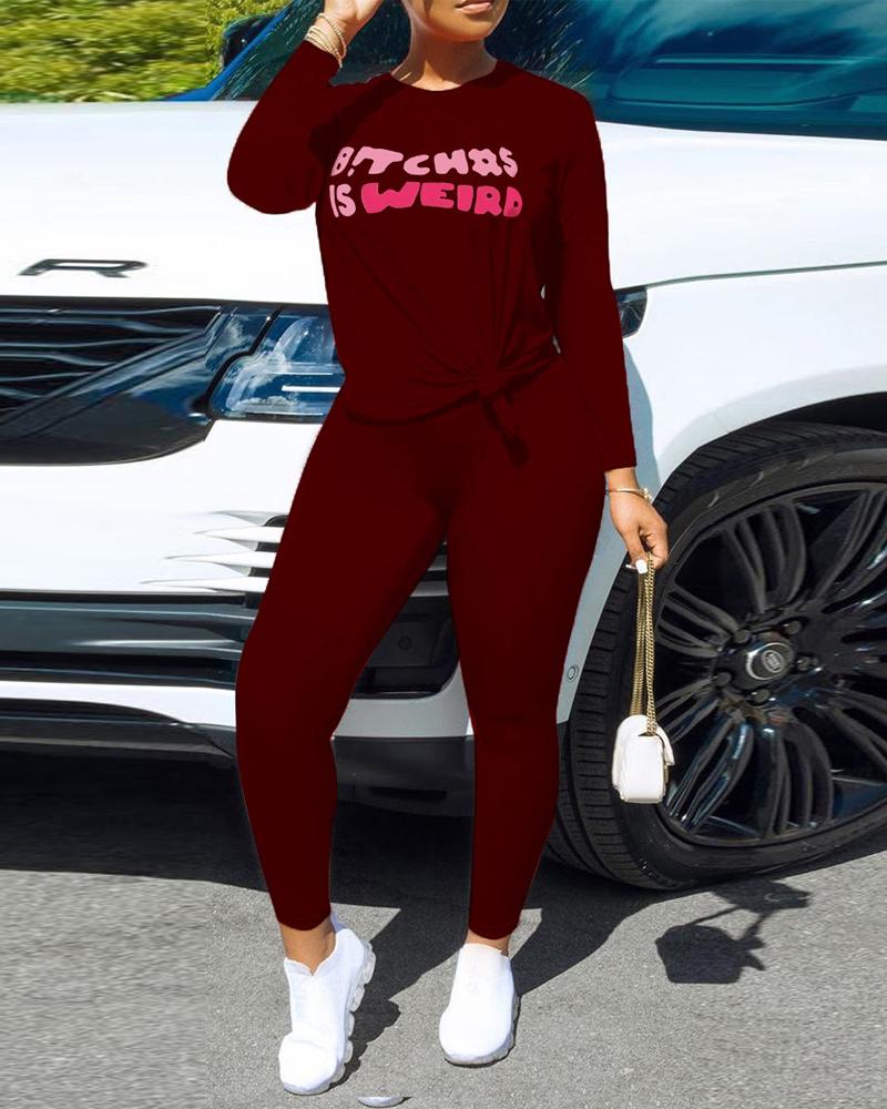 

Letter Print Long Sleeve Top & Pants Set, Wine red