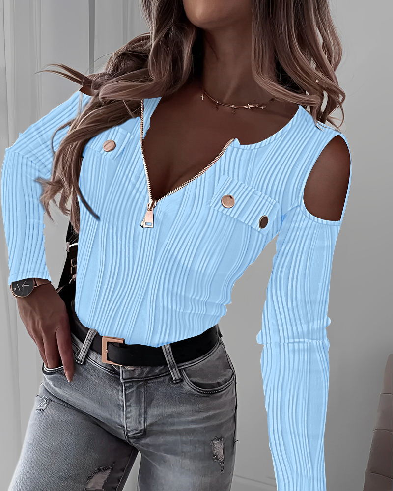 

Cold Shoulder Zipper Design Buttoned Textured Top, Blue