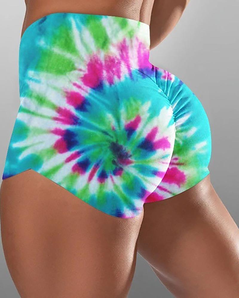 Buy High Waist Tie Dye Print Ruched Sporty Shorts. Picture