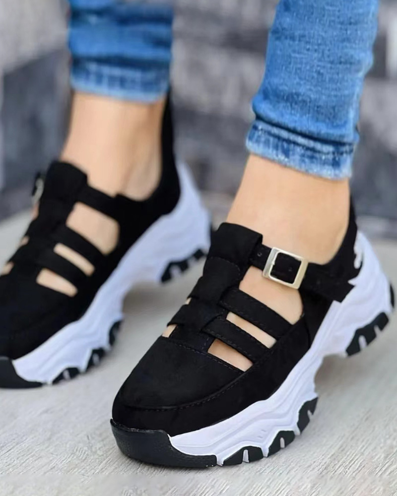 

Hollow Out Buckled Breathable Sneakers, Black