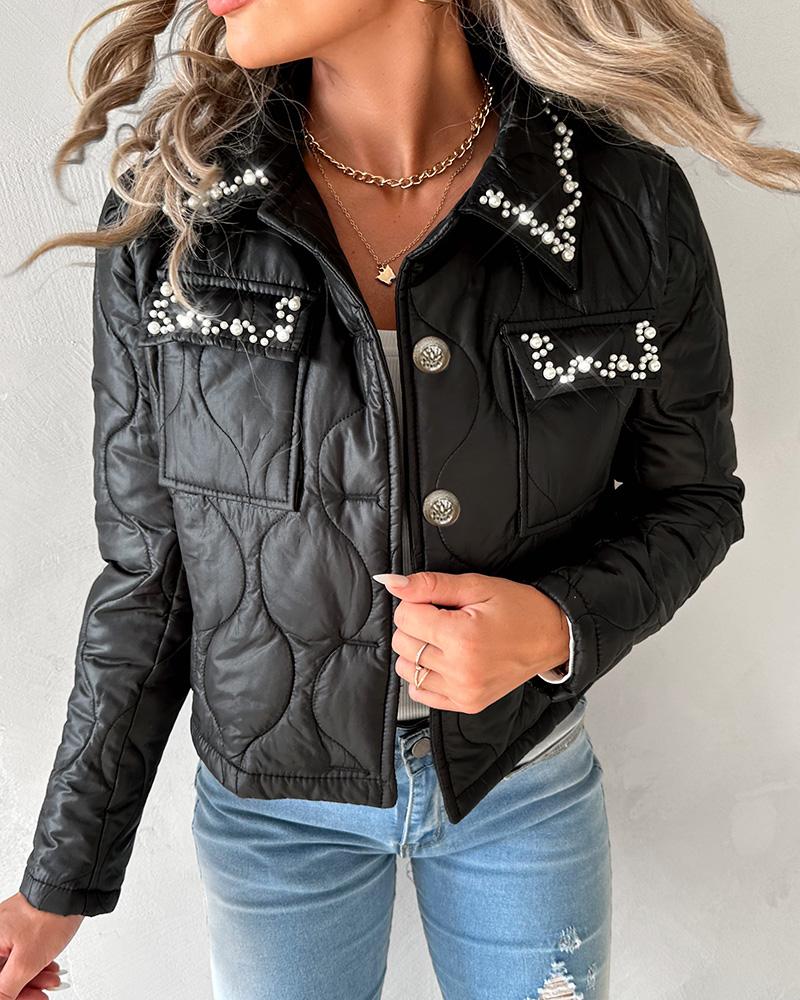 

Beaded Crop Quilted Puffer Jacket, Black