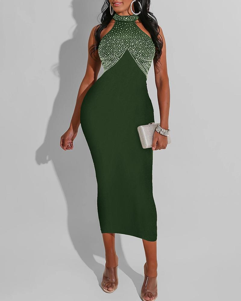 

O-Neck Rhinestone Decor Bodycon Dress, Green