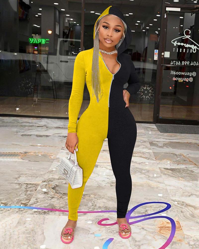 

Colorblock Zipper Design Long Sleeve Hooded Jumpsuit, Black