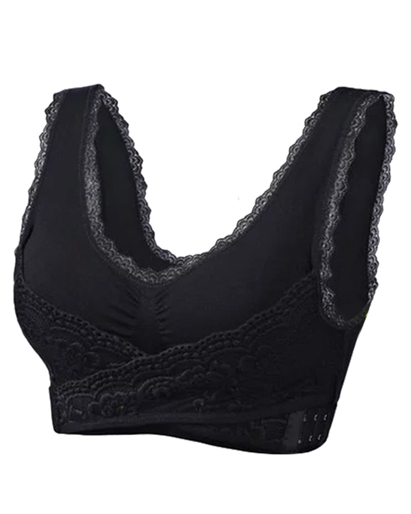 

Lace Trim Hook Front Wireless Lifting Yoga Bra, Black