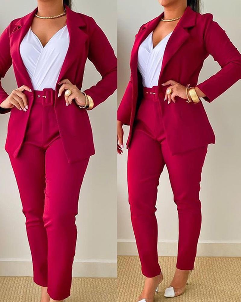 

Turn-down Collar Buttoned Blazer Coat & Belted Pants Set, Wine red