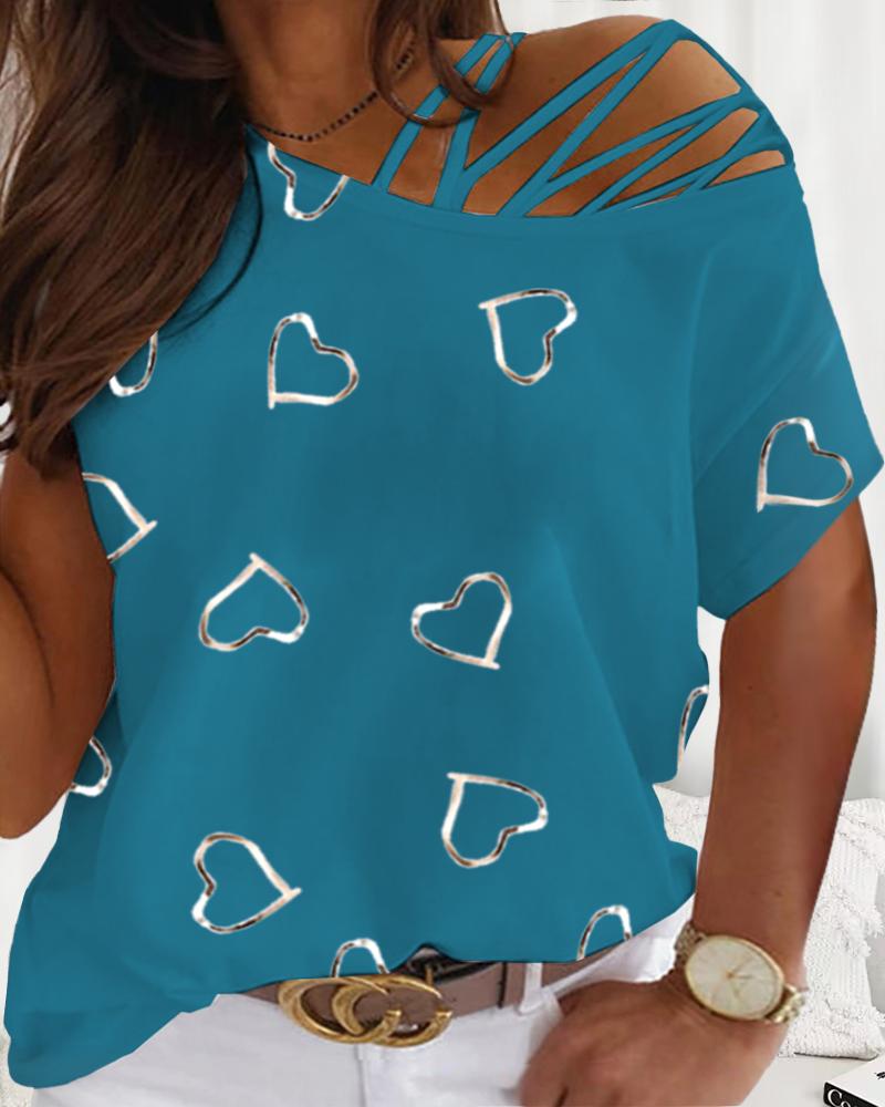 

Plus Size Heart Print Cold Shoulder Top, Blue