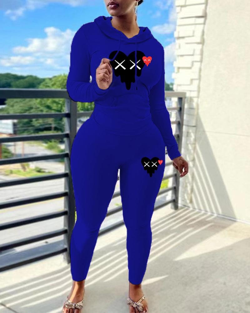 

Plus Size Valentine's Day Heart Print Hoodie & Pants Set, Blue
