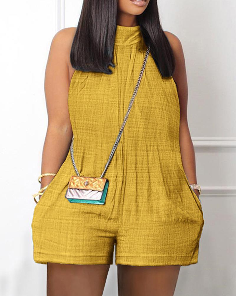 

Plus Size Mock Neck Pocket Design Romper, Yellow