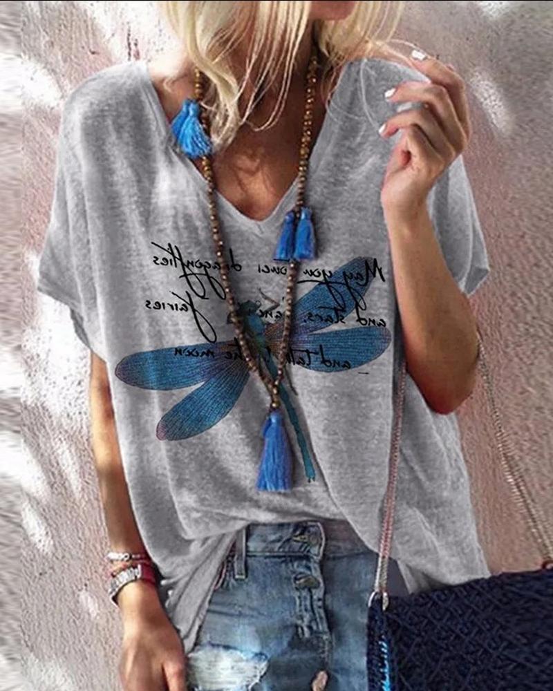 

Dragonfly Print V Neck T-Shirt, Gray