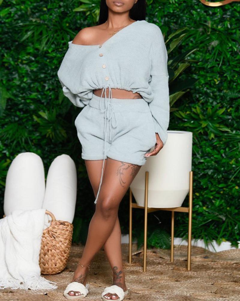 

Tie Front Button Design Crop Top & Drawstring Pockets Shorts Sets, Gray