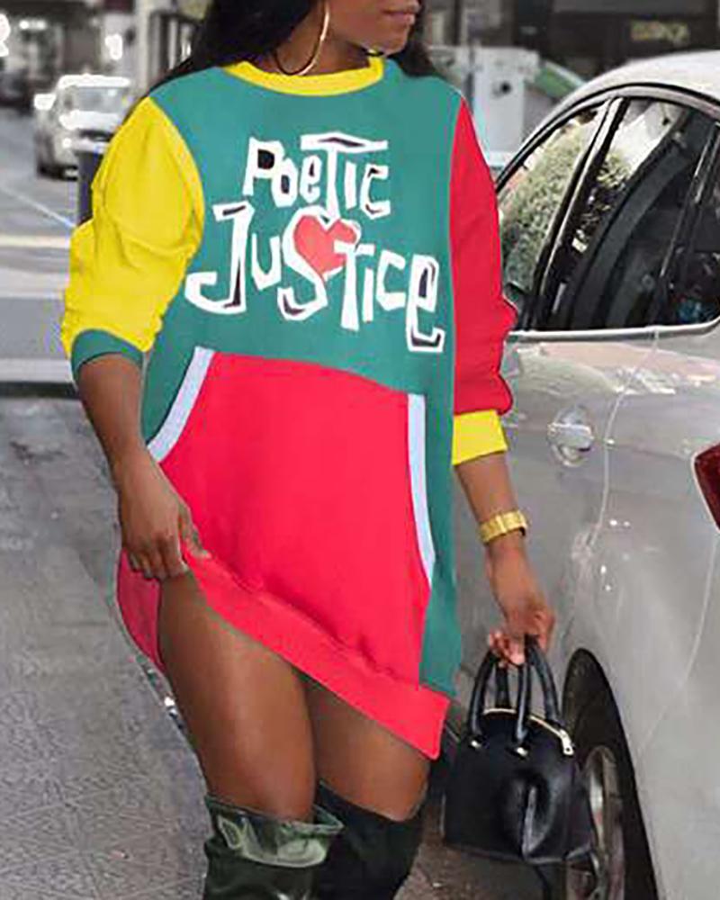 

Letter Print Pocket Design Long Sleeve Sweatshirt Dress, Green