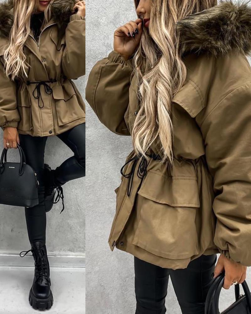 

Women's Parka Casual Winter Long Coat Zipper Design Drawstring Lined Faux Fur Collar Jacket, Khaki