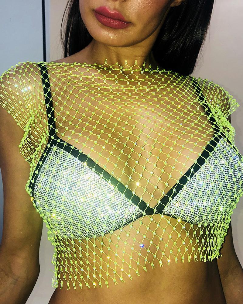 

Rhinestone Decor Fishnet Crop Top, Green