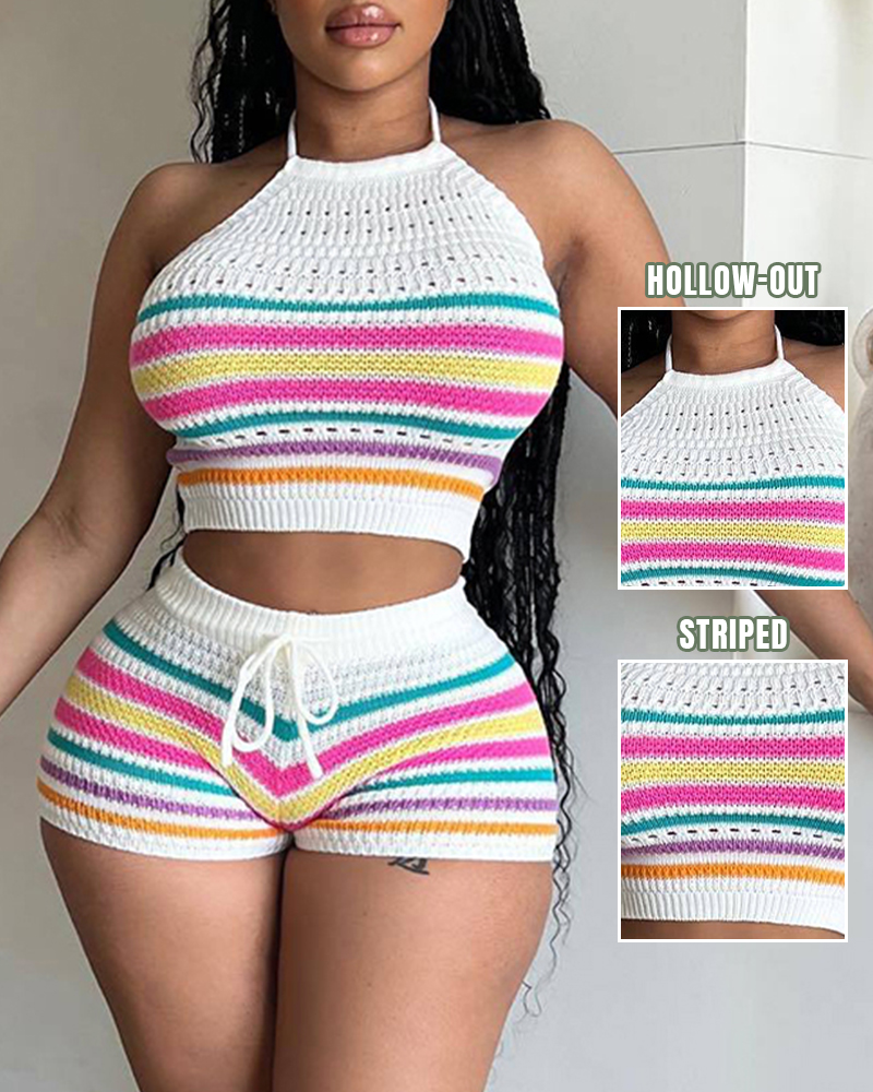 Striped Hollow Out Sleeveless Top & Drawstring Shorts Set