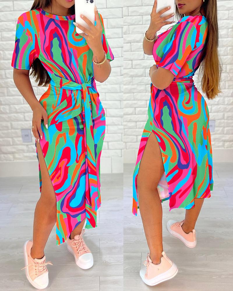 Multi-Color Abstract Print Tied Detail Slit Casual Dress