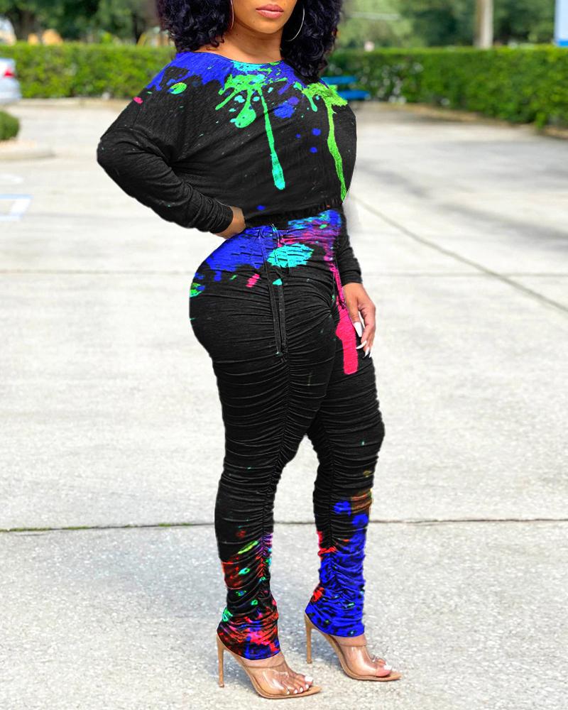 

Ink Splash Long Sleeve Top & Stacked Pants Set, Black