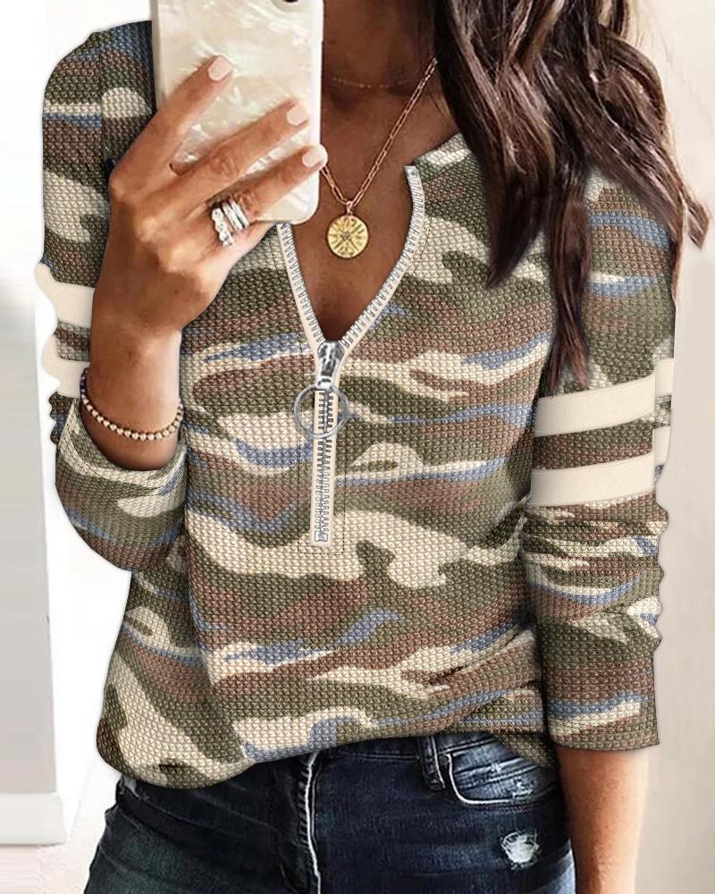 

Waffle Knit Camouflage Print Round Neck Long Sleeve Front Zipper Tee Casual Top, Camoflage